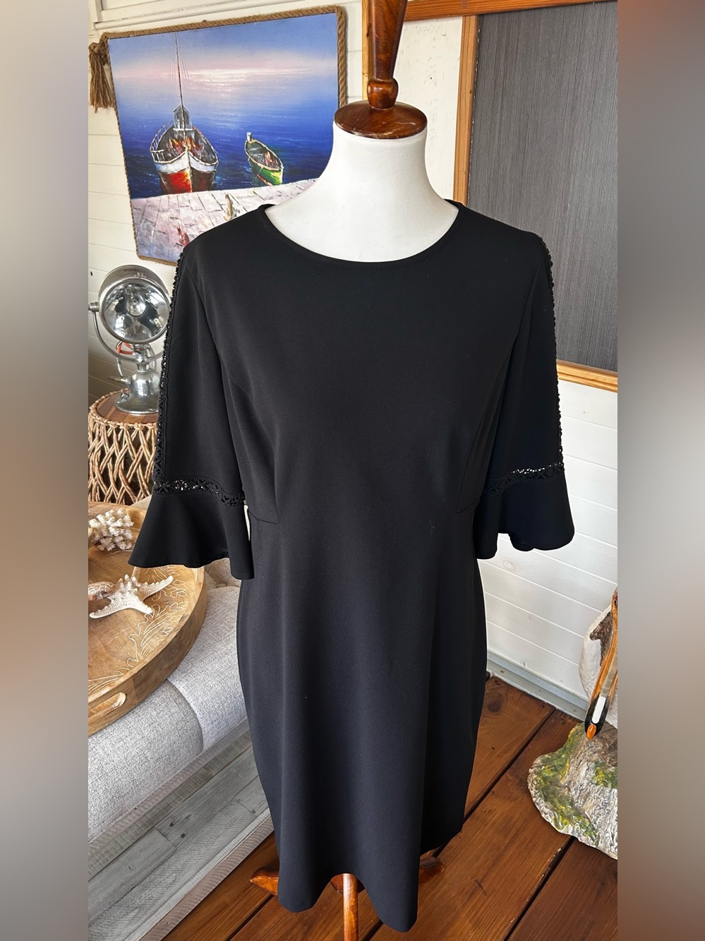 Lauren Ralph Lauren Black Lace Trim Bell Sleeve Dress Size 14 LBD Cocktail